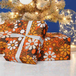 Groovy 70er Retro-Blumenmuster in Orange und Braun Geschenkpapier