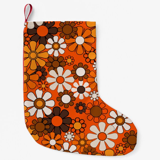 Groovy 70er Retro Floral Orange und braunes Muster Kleiner Weihnachtsstrumpf (Vorderseite)