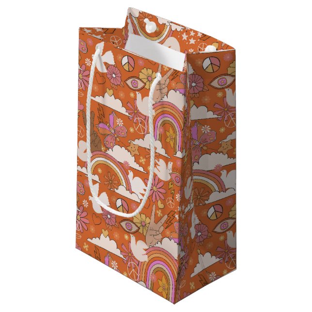 Groovy 70er Retro Hippie Peace Orange Bohemisch Kleine Geschenktüte (Vorderseite Schrägansicht)