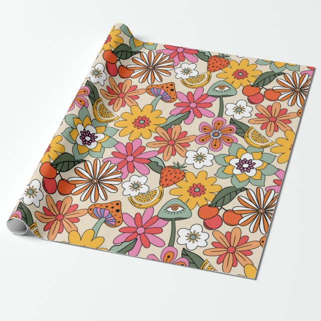 Groovy 70's, Orange, Pink und Green Floral Geschenkpapier (Ungerollt)