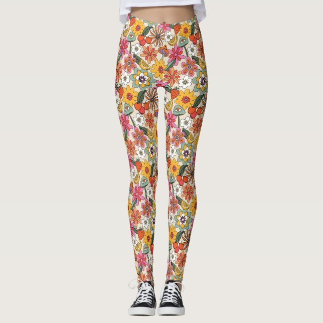 Groovy 70's, Orange, Pink und Green Floral Leggings (Vorderseite)