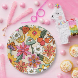 Groovy 70's, Orange, Pink und Green Floral Pappteller