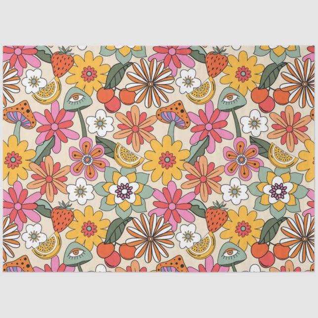 Groovy 70's, Orange, Pink und Green Floral Seidenpapier (Vorderseite)
