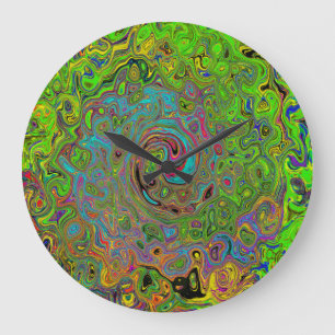 Groovy Abstract Retro Limettengrün und Blau Wirbel Große Wanduhr