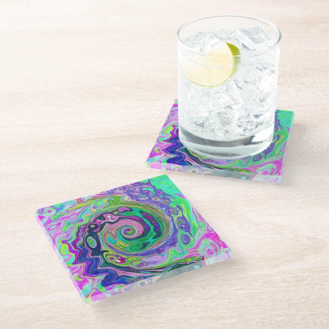 Groovy Abstrakt Aqua und Navy Lava Swirl Glasuntersetzer (Schrägansicht)