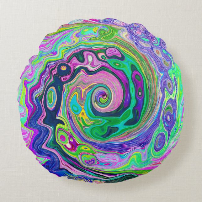 Groovy Abstrakt Aqua und Navy Lava Swirl Rundes Kissen (Vorderseite)