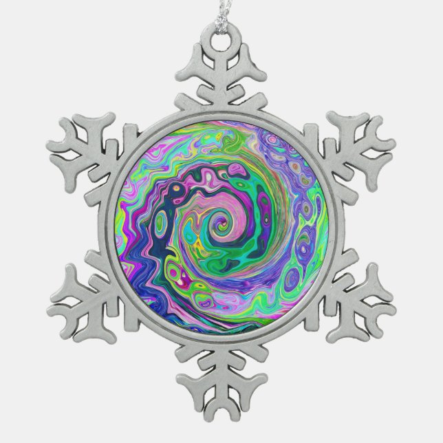 Groovy Abstrakt Aqua und Navy Lava Swirl Schneeflocken Zinn-Ornament (Vorderseite)