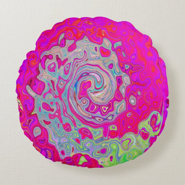 Groovy Abstrakt Aquamarin Blue and Red Swirl Rundes Kissen (Vorderseite)