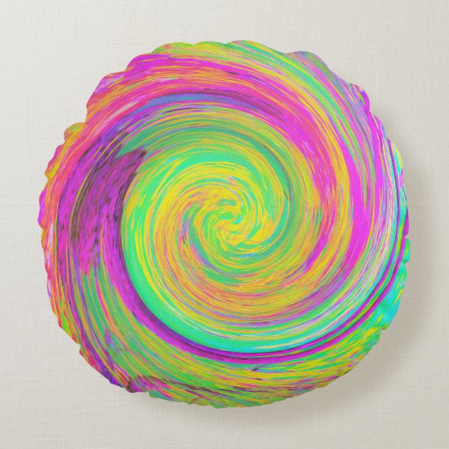 Groovy, Abstrakt, Lila und gelb, flüssiger Swirl Rundes Kissen (Vorderseite)