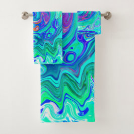 Groovy Abstrakt Ocean Blue und Green Liquid Swirl Badhandtuch Set