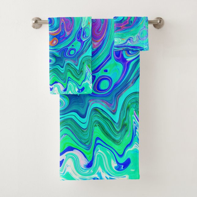 Groovy Abstrakt Ocean Blue und Green Liquid Swirl Badhandtuch Set (Insitu)