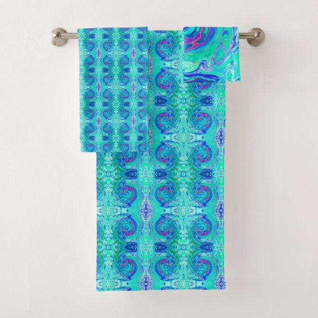 Groovy Abstrakt Ocean Blue und Green Liquid Swirl Badhandtuch Set (Insitu)