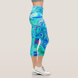 Groovy Abstrakt Ocean Blue und Green Liquid Swirl Capri Leggings