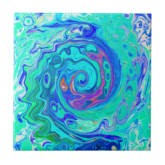 Groovy Abstrakt Ocean Blue und Green Liquid Swirl Fliese (Vorderseite)