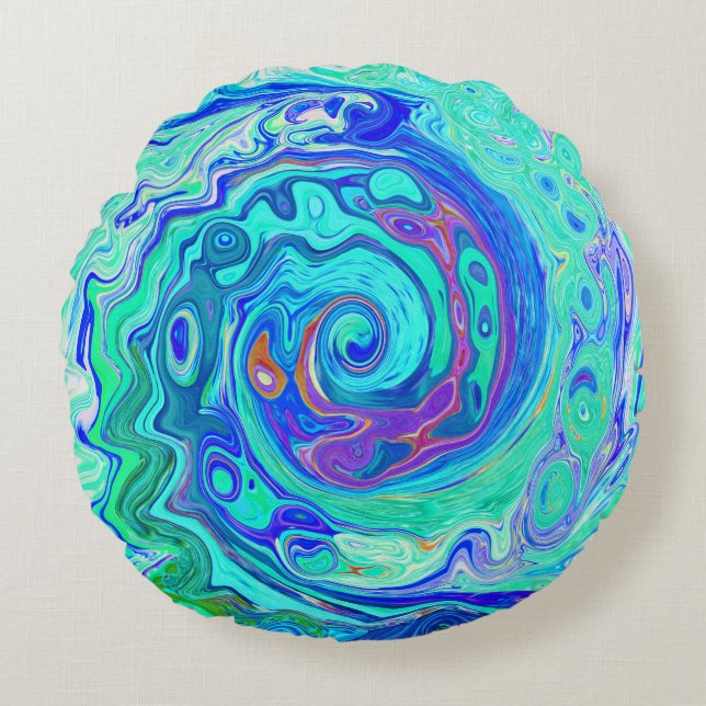Groovy Abstrakt Ocean Blue und Green Liquid Swirl Rundes Kissen (Vorderseite)