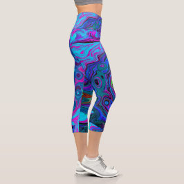 Groovy Abstrakt Retro Blau und Lila Swirl Capri Leggings