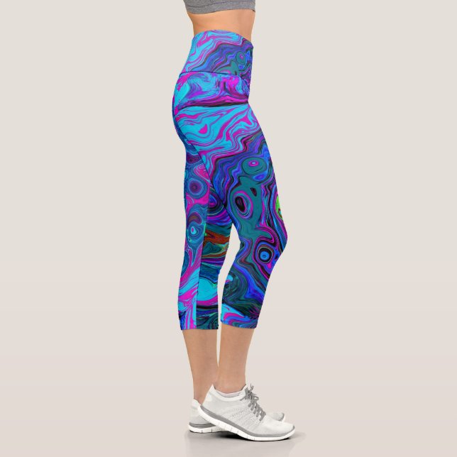 Groovy Abstrakt Retro Blau und Lila Swirl Capri Leggings (Rechts)