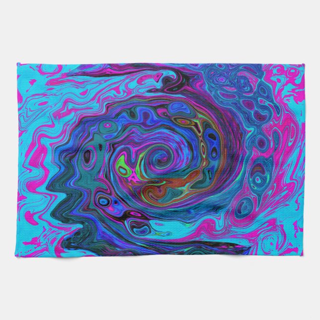 Groovy Abstrakt Retro Blau und Lila Swirl Geschirrtuch (Horizontal)