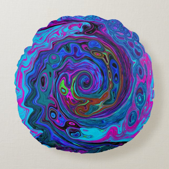 Groovy Abstrakt Retro Blau und Lila Swirl Rundes Kissen (Vorderseite)