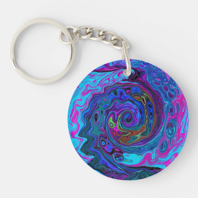 Groovy Abstrakt Retro Blau und Lila Swirl Schlüsselanhänger (Vorderseite)
