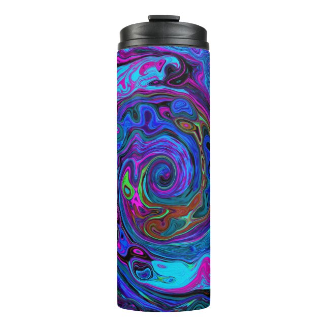 Groovy Abstrakt Retro Blau und Lila Swirl Thermosbecher (Vorderseite)