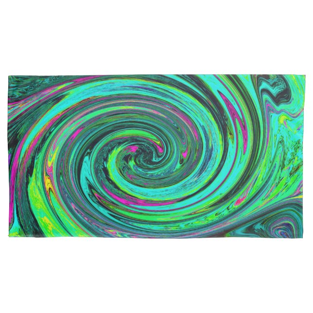Groovy Abstrakt Retro Green und Magenta Swirl Kissenbezug (Vorderseite-Links)