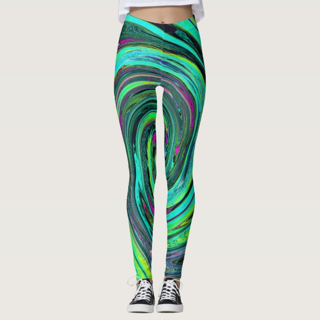 Groovy Abstrakt Retro Green und Magenta Swirl Leggings (Vorderseite)