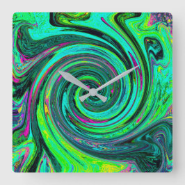 Groovy Abstrakt Retro Green und Magenta Swirl Quadratische Wanduhr