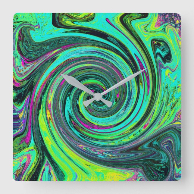 Groovy Abstrakt Retro Green und Magenta Swirl Quadratische Wanduhr (Vorderseite)