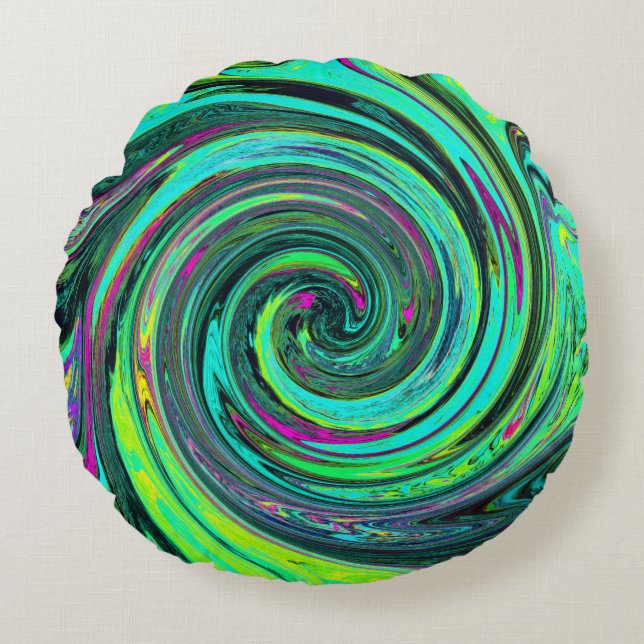 Groovy Abstrakt Retro Green und Magenta Swirl Rundes Kissen (Vorderseite)