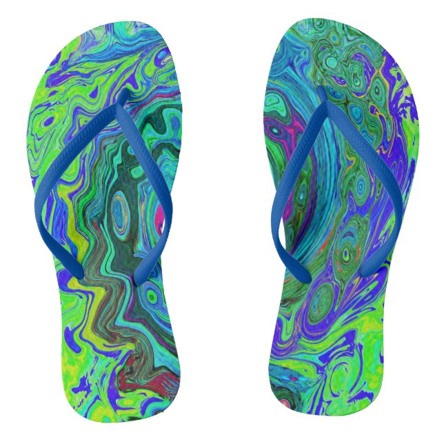 Groovy Abstrakt Retro Grün und Blau Swirl Flip Flops (Fußbett)