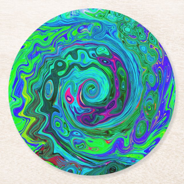 Groovy Abstrakt Retro Grün und Blau Swirl Runder Pappuntersetzer (Vorderseite)