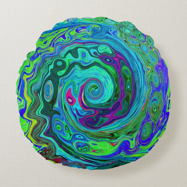 Groovy Abstrakt Retro Grün und Blau Swirl Rundes Kissen (Vorderseite)