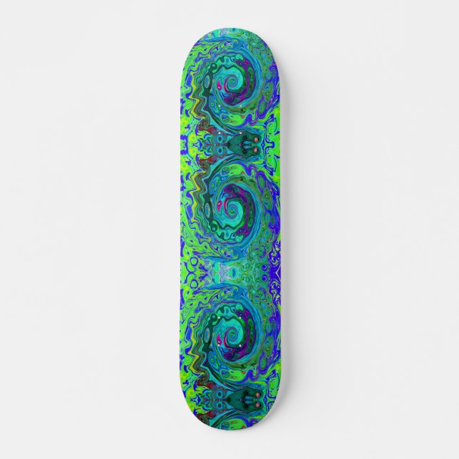 Groovy Abstrakt Retro Grün und Blau Swirl Skateboard (Vorne)
