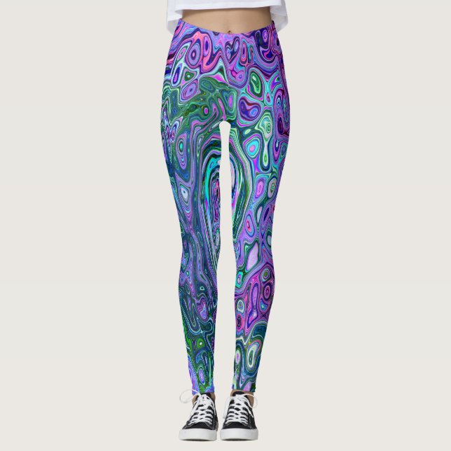 Groovy Abstrakt Retro Grün und Lila Swirl Leggings (Vorderseite)