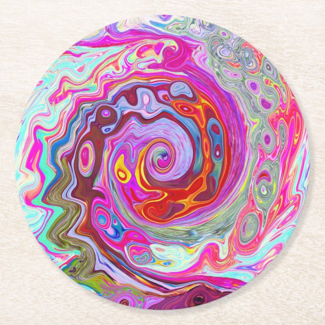 Groovy Abstrakt Retro Hot Pink und Blue Swirl Runder Pappuntersetzer (Vorderseite)