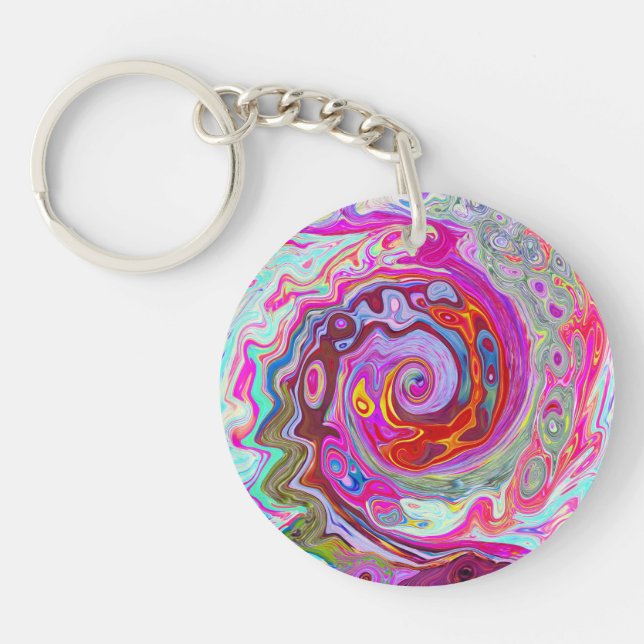 Groovy Abstrakt Retro Hot Pink und Blue Swirl Schlüsselanhänger (Vorderseite)