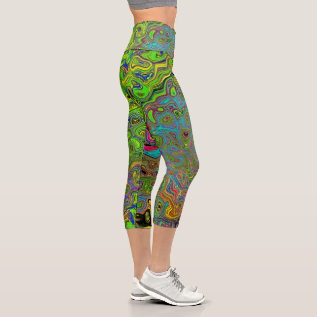 Groovy Abstrakt Retro Lime Green und Blue Swirl Capri Leggings (Rechts)