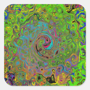 Groovy Abstrakt Retro Lime Green und Blue Swirl Quadratischer Aufkleber