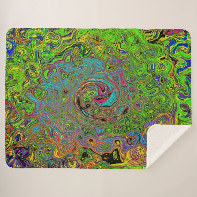Groovy Abstrakt Retro Lime Green und Blue Swirl Sherpadecke (Vorderseite (Horizontal))