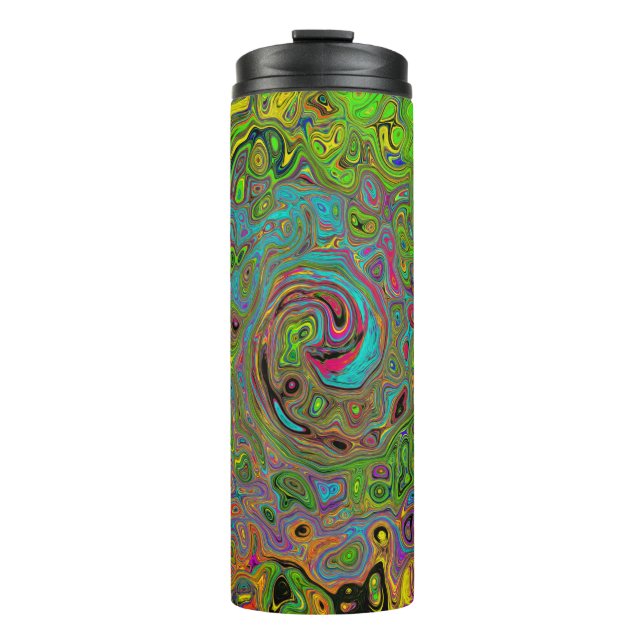 Groovy Abstrakt Retro Lime Green und Blue Swirl Thermosbecher (Vorderseite)