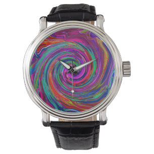 Groovy Abstrakt Retro Magenta Dark Rainbow Swirl Armbanduhr