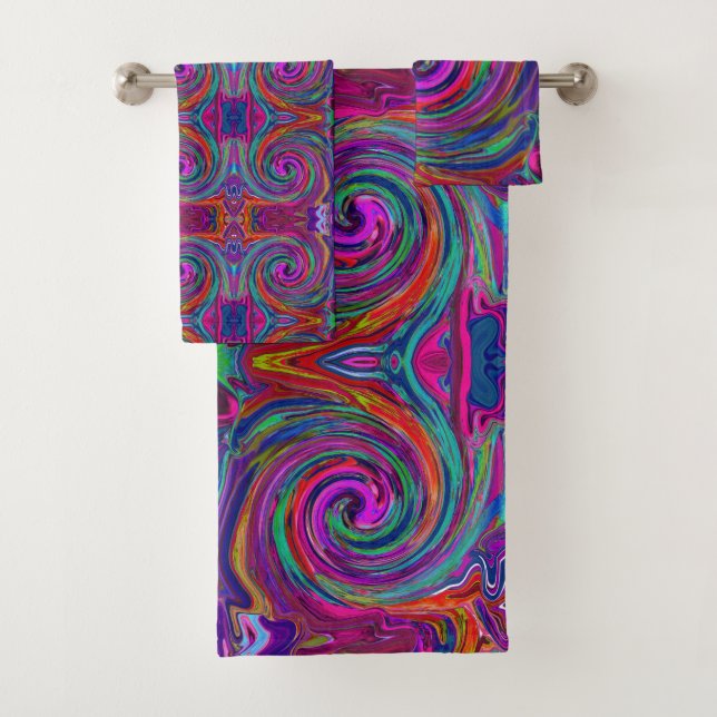 Groovy Abstrakt Retro Magenta Dark Rainbow Swirl Badhandtuch Set (Insitu)