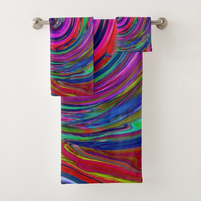 Groovy Abstrakt Retro Magenta Dark Rainbow Swirl Badhandtuch Set (Insitu)