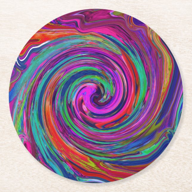 Groovy Abstrakt Retro Magenta Dark Rainbow Swirl Runder Pappuntersetzer (Vorderseite)