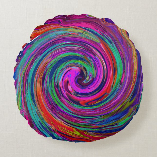 Groovy Abstrakt Retro Magenta Dark Rainbow Swirl Rundes Kissen (Vorderseite)