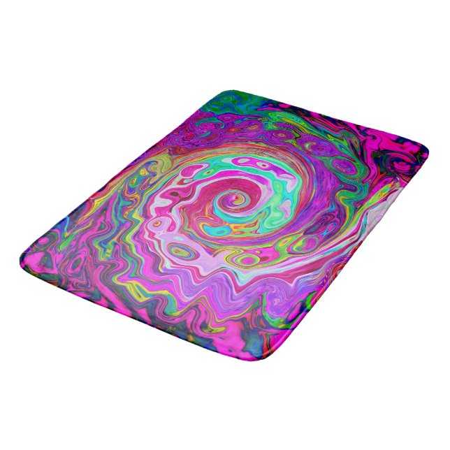 Groovy Abstrakt Retro Magenta Rainbow Swirl Badematte (Schrägansicht)