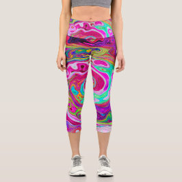 Groovy Abstrakt Retro Magenta Rainbow Swirl Capri Leggings
