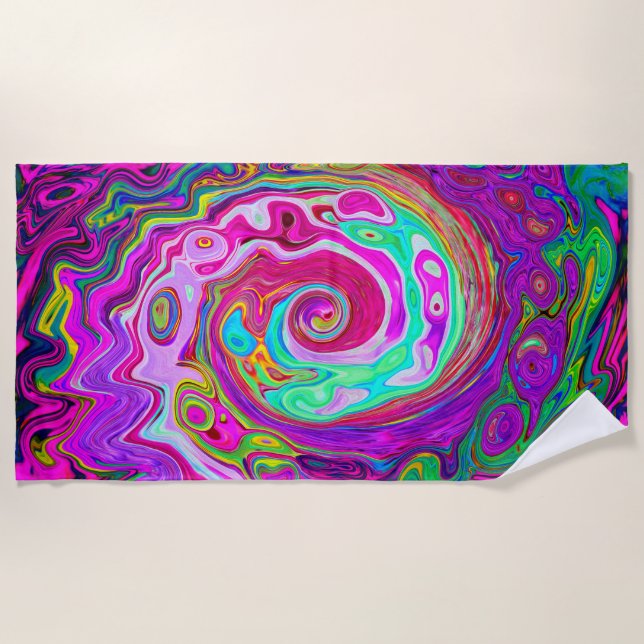 Groovy Abstrakt Retro Magenta Rainbow Swirl Strandtuch (Vorderseite)