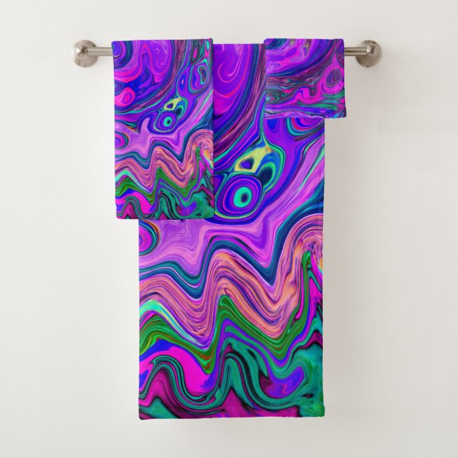 Groovy Abstrakt Retro Magenta und Lila Swirl Badhandtuch Set (Insitu)